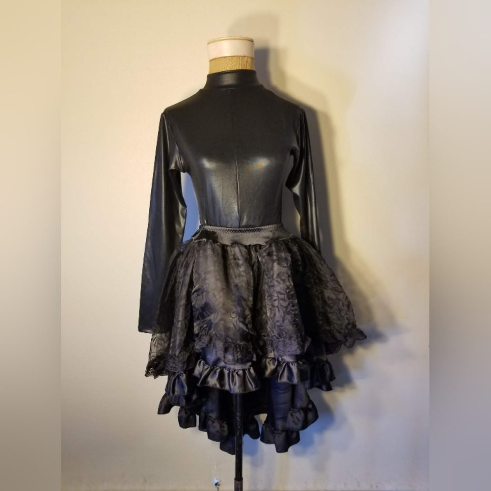 Leg Avenue Sexy Black Long Sleeve Bodysuit & Ruffled High/Low Skirt Size Small